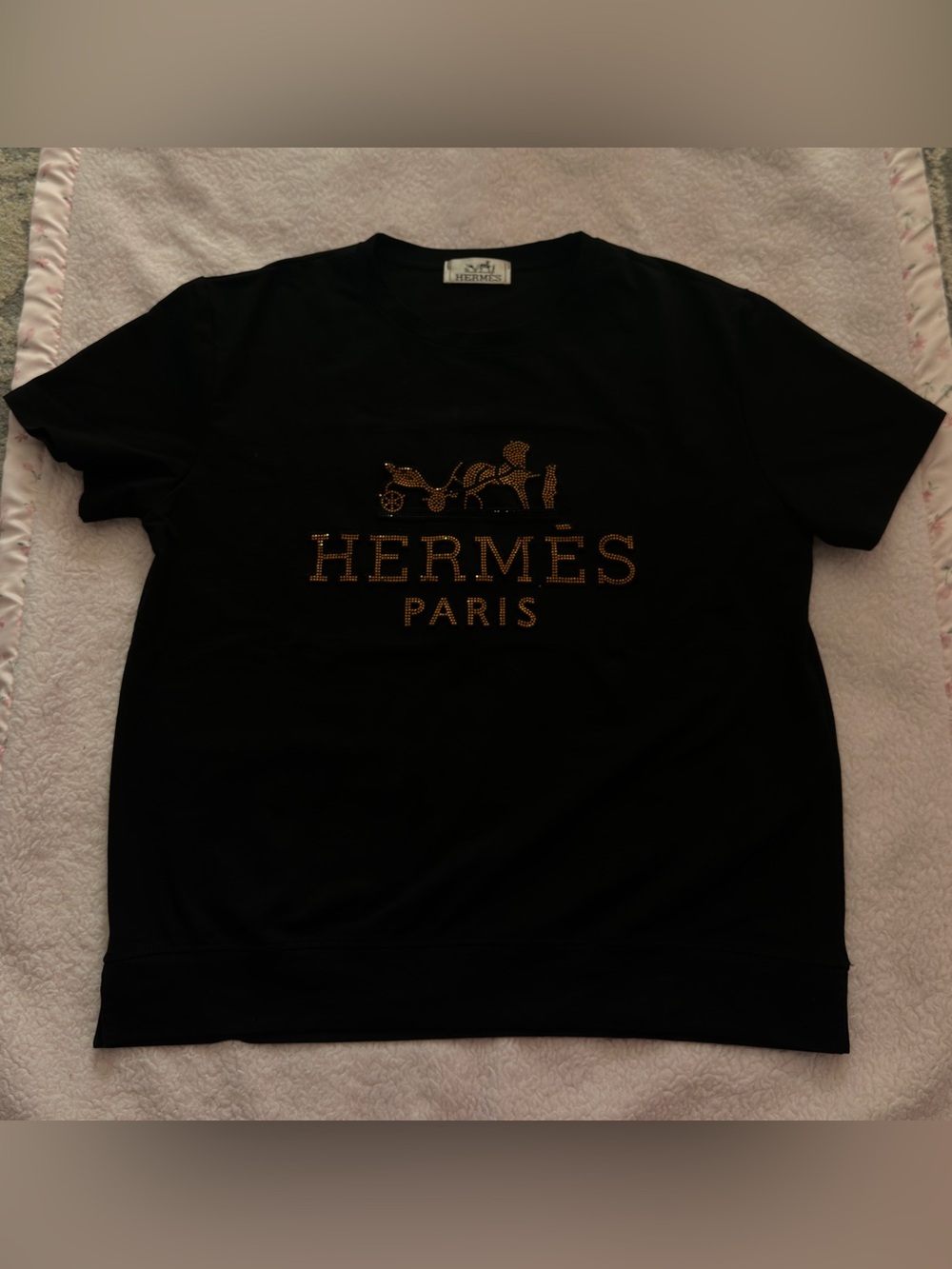 Hermès Black Tee with Gold Stud Logo